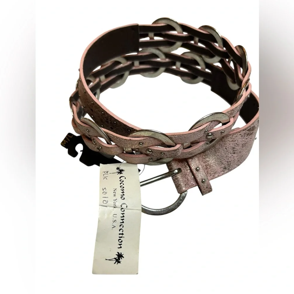NWT Sparkling Pink Faux Leather Braided Belt Interlocking Silver Circles 42.5”